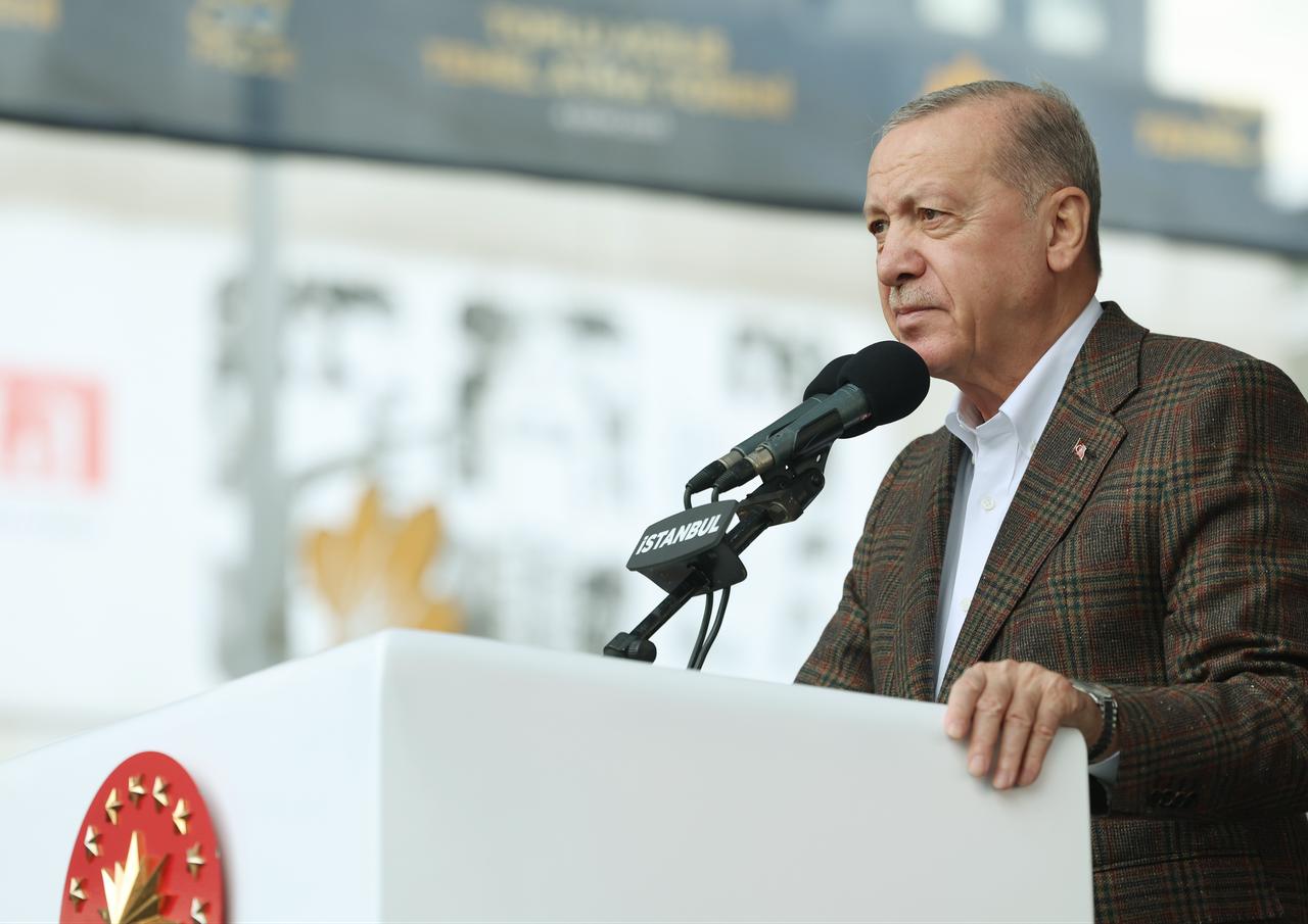 President Erdogan makes remarks at the Sultanbeyli Mass Opening and Groundbreaking Ceremony at Sultanbeyli Town Square in Istanbul, Oct. 4, 2025. (Photo via Turkish Presidency/Mustafa Kamaci)