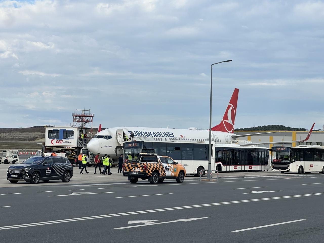 A view of the Turkish Airlines (THY) plane carrying activists from the Global Sumud Flotilla lands at Istanbul Airport in Istanbul, Türkiye on October 4, 2025. (AA Photo)