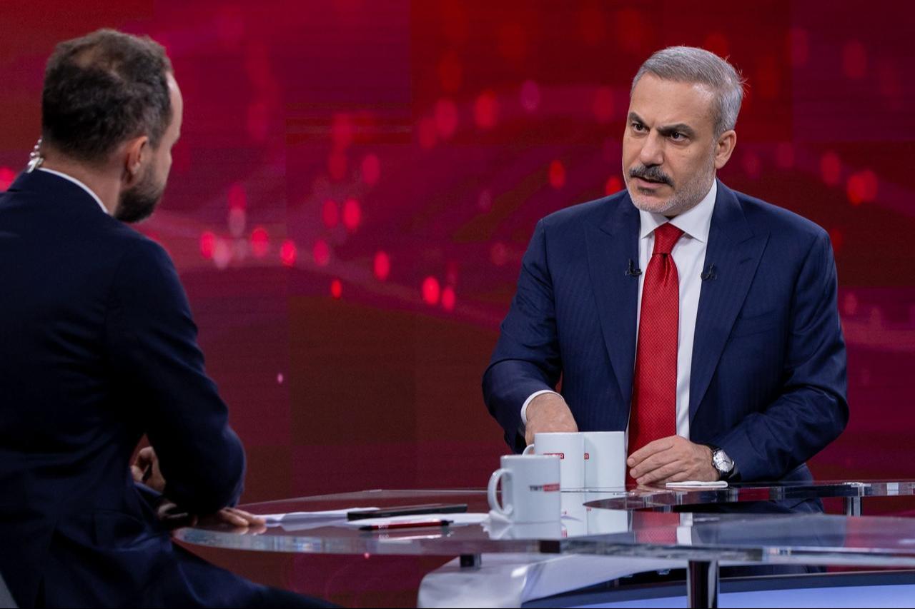 Foreign Minister Hakan Fidan delivers a speech during an exclusive interview with TRT Haber in Ankara, Türkiye, October 4, 2025. (AA Photo)