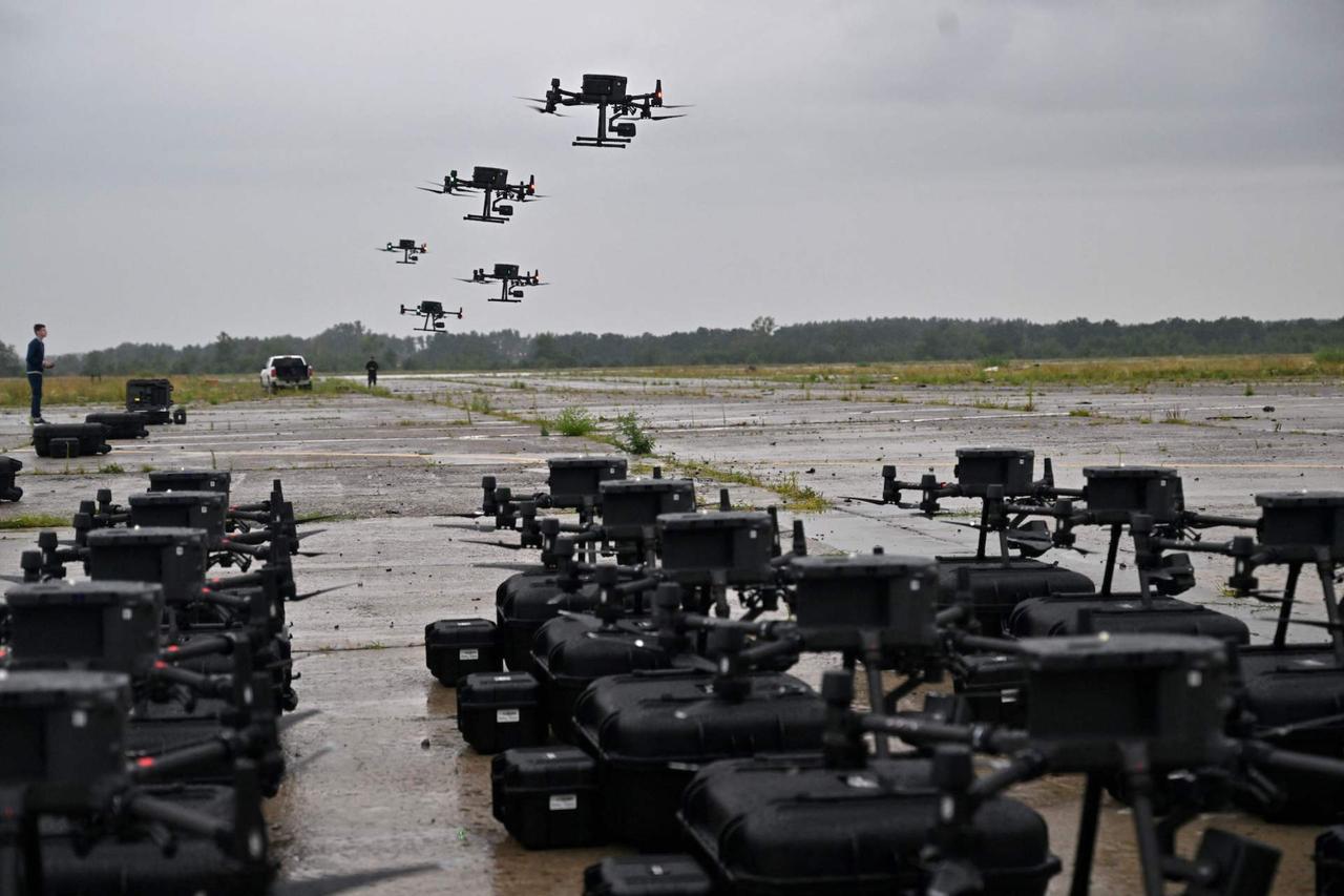 DJI Matrice 300 reconnaissance drones are seen during test flights in the Kyiv region on August 2, 2022. (AFP Photo)