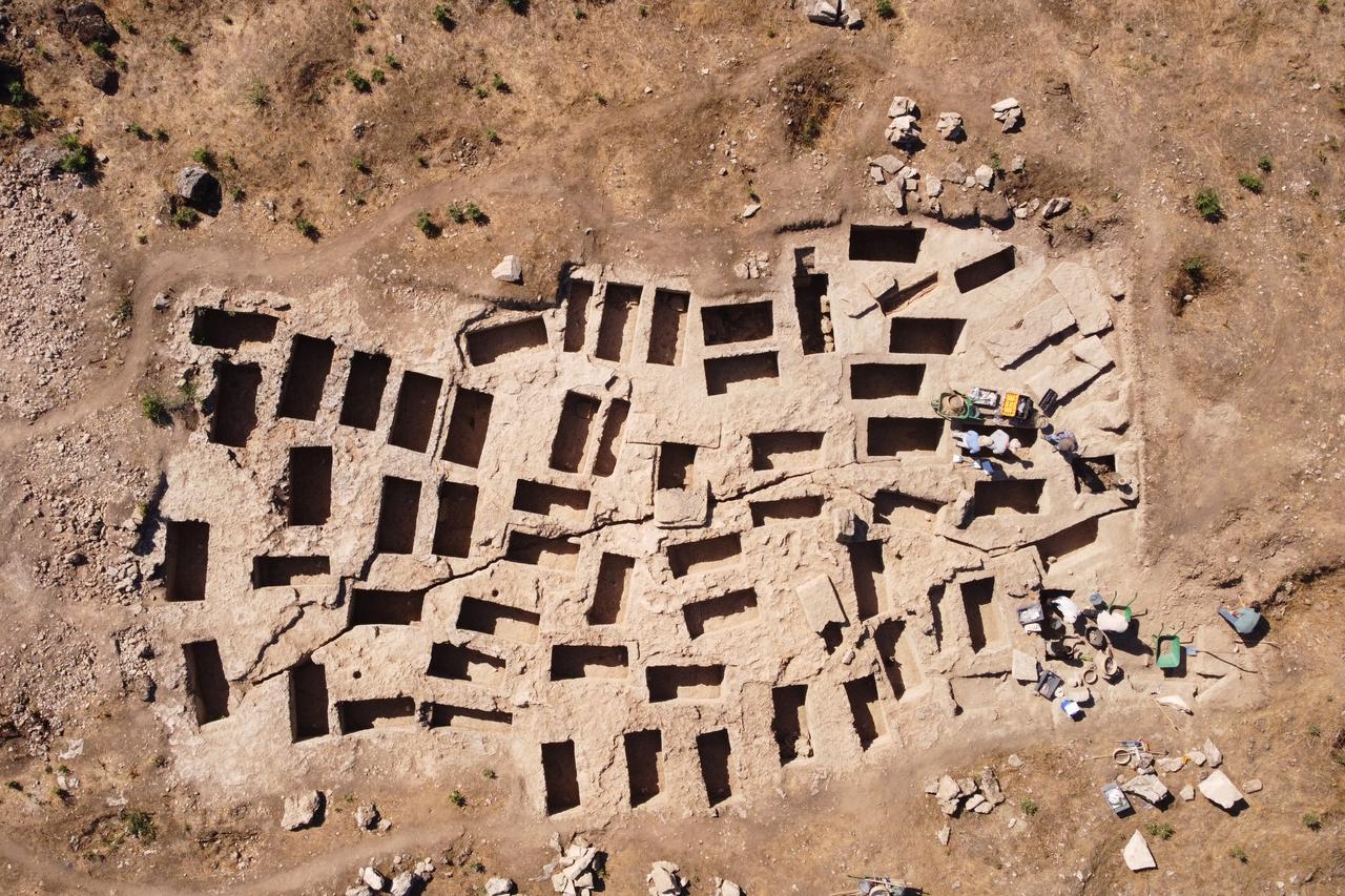 An aerial view shows the dense layout of rock-cut tombs recently unearthed at the ancient city of Colossae in Denizli, Türkiye, Oct. 6, 2025. (AA Photo)