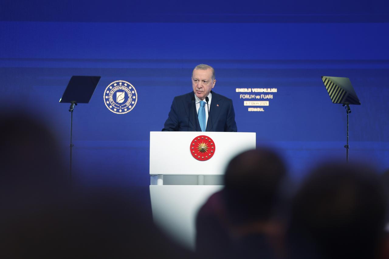 Turkish President Recep Tayyip Erdogan gives a speech during the 11th Energy Efficiency Forum and Exhibition at Istanbul Congress Center in Istanbul, Türkiye on Oct. 06, 2025. (Turkish Presidency / AA Photo)
