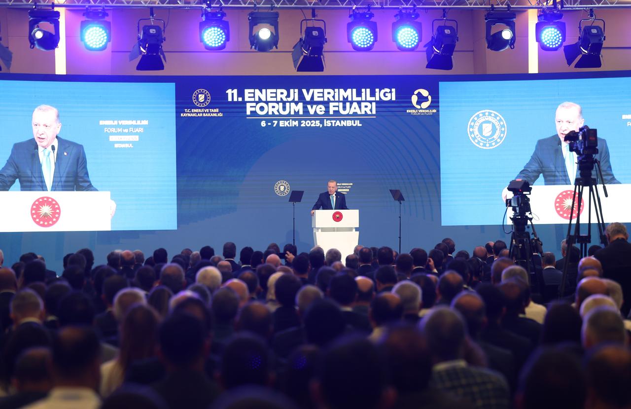 Turkish President Recep Tayyip Erdogan gives a speech during the 11th Energy Efficiency Forum and Exhibition at Istanbul Congress Center in Istanbul, Türkiye on Oct. 06, 2025. (Turkish Presidency / AA Photo)