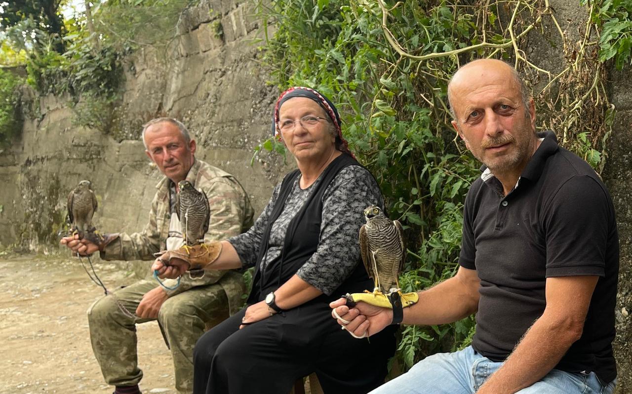 Local falconers from Rize pose with their sparrowhawks, continuing the centuries-old sparrowhawk falconry tradition in Türkiye’s Eastern Black Sea region, Oct. 2, 2024. (IHA Photo)
