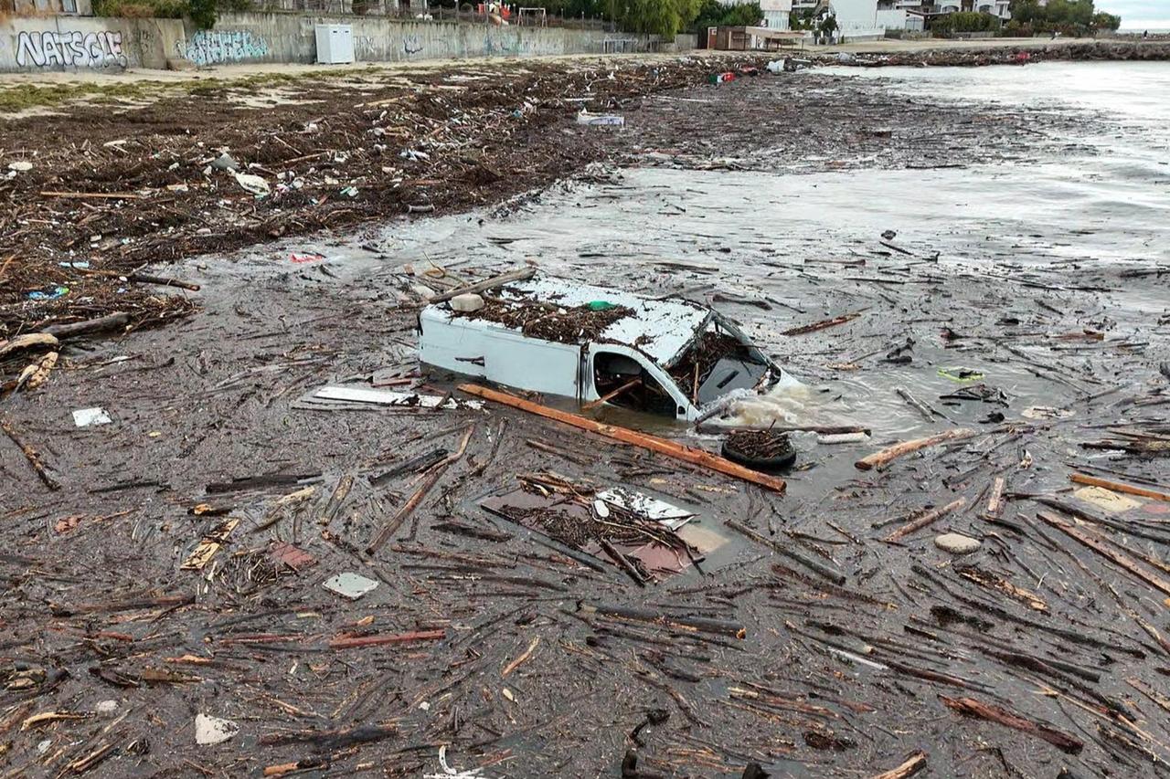A car was swept away by floodwaters in Elenite, Burgas, Bulgaria, October 4, 2025. (AFP Photo)