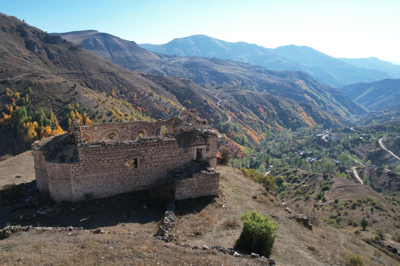 An aerial view of a ruined church forming part of the seismic endurance and site planning research in Krom Valley, Gumushane, Türkiye, Oct. 5, 2025. (AA Photo)