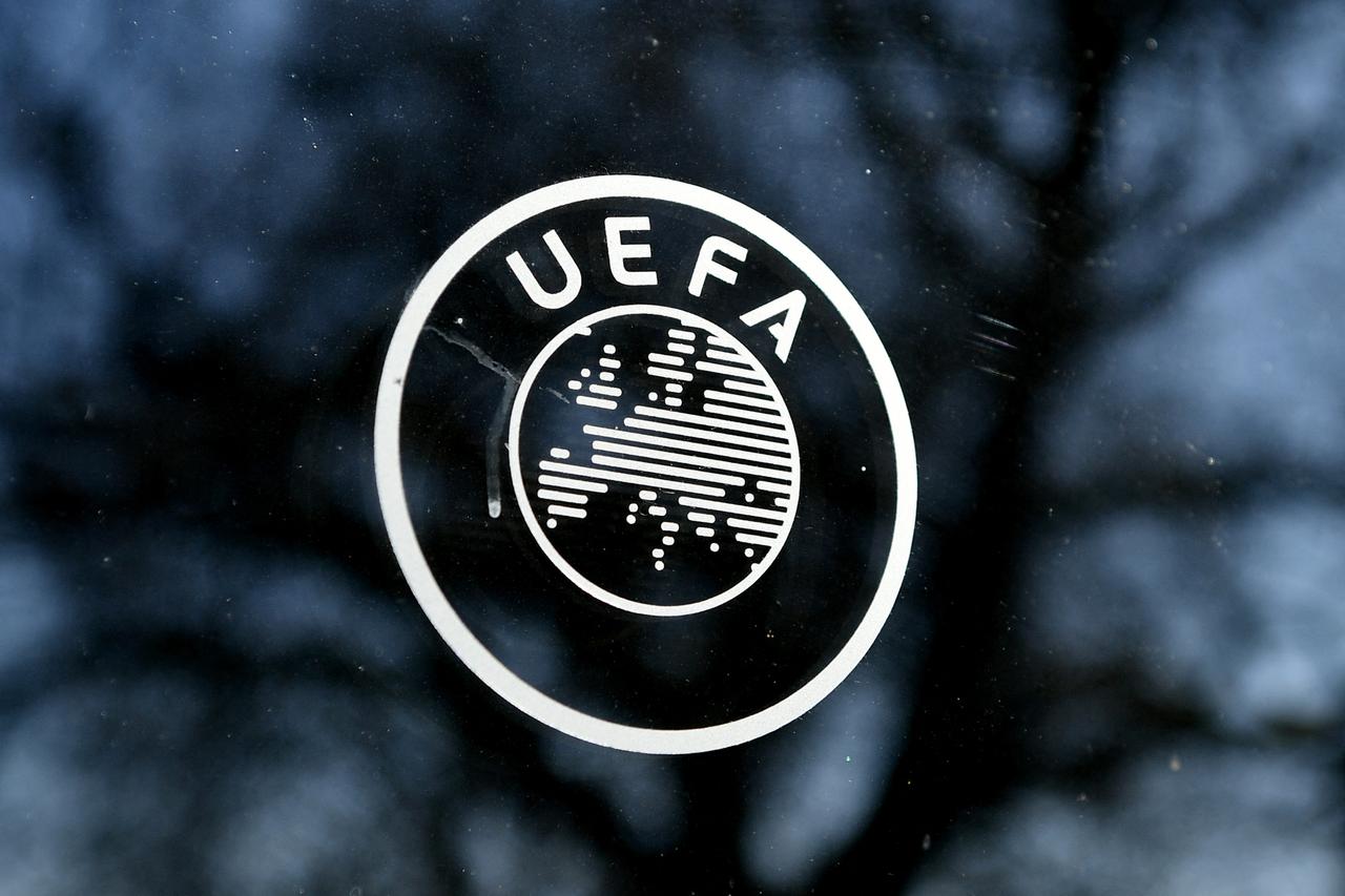 UEFA logo at the organizations headquarters in Nyon on Feb. 28, 2020. (AFP Photo)