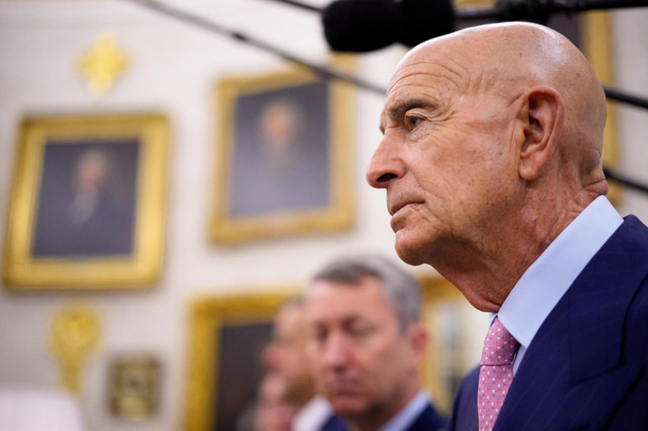 U.S. Ambassador to Türkiye Thomas Barrack attends a meeting with U.S. President Trump and President Erdogan at the White House in Washington, DC on Sept. 25, 2025. (AFP Photo)