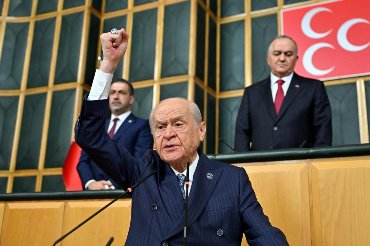 Turkiyes Nationalist Movement Party (MHP) leader Devlet Bahceli makes a speech during his partys group meeting at the Turkish Grand National Assembly in Ankara, Turkiye on Oct. 22, 2024.  (AA Photo)