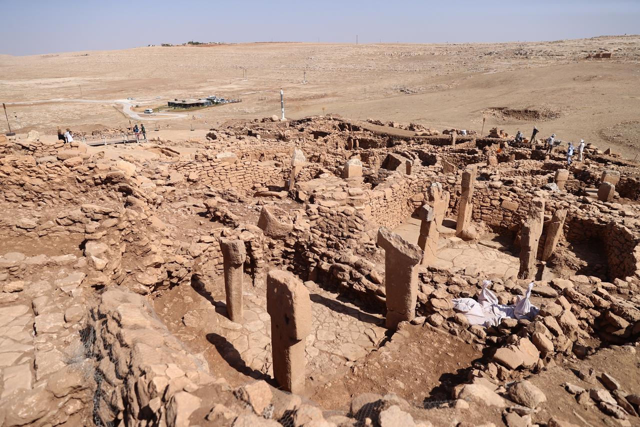 An aerial view of the Neolithic structures and T-shaped pillars uncovered during excavations at Karahantepe in Sanliurfa, Türkiye, Oct. 6, 2025. (AA Photo)