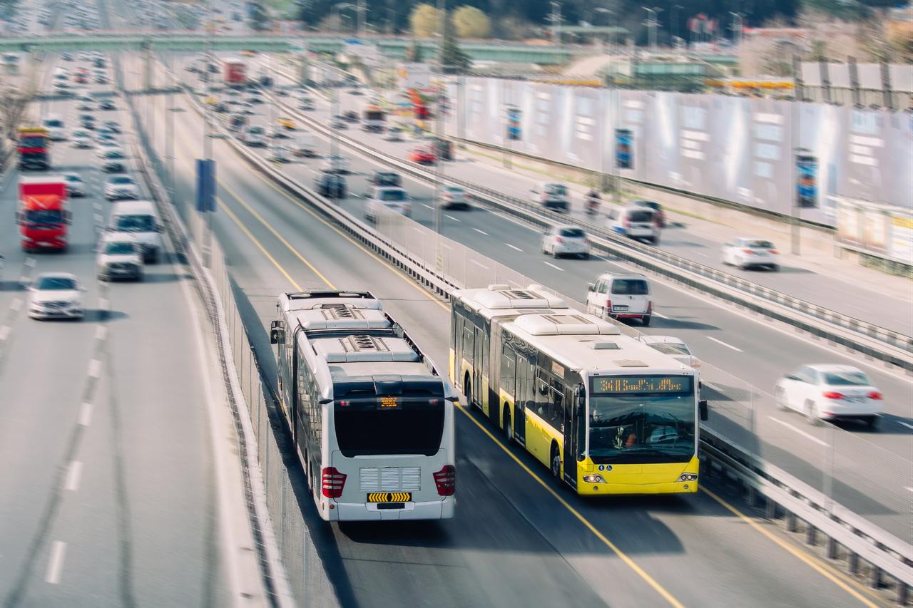 Buses travel on metrobus lanes along the city’s main highway in Istanbul Türkiye. (Adobe Stock Photo)