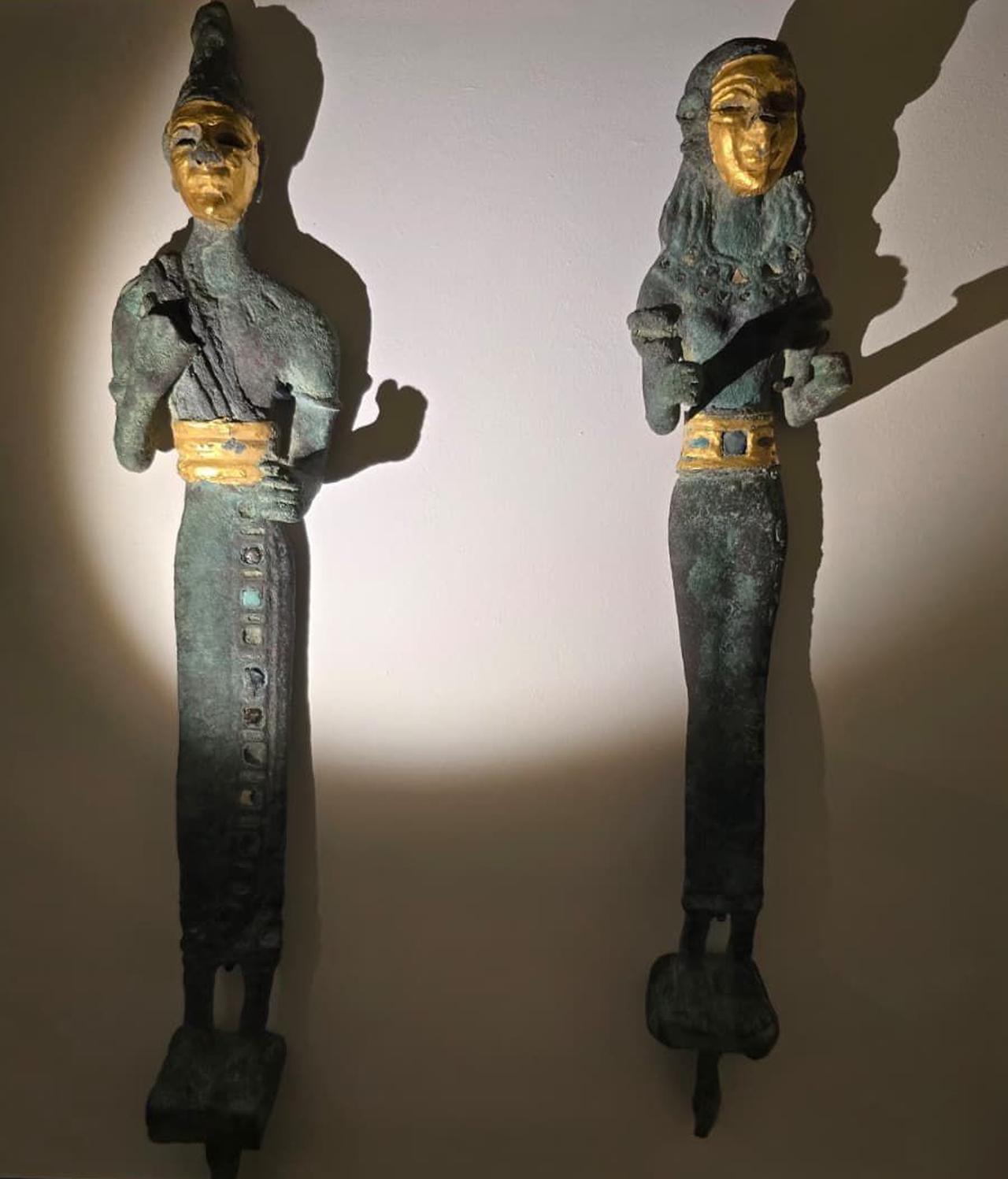 Late Bronze Age votive figurines with gilded faces and belts, returned from Switzerland to Türkiye, now on display at Bodrum Castle, Oct. 7, 2025. (Photo via Ministry of Culture and Tourism)