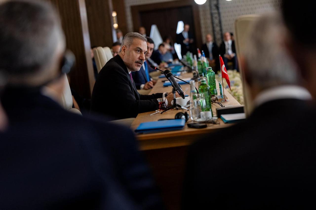 Foreign Minister Hakan Fidan speaks during the meeting of the Council of Ministers of Foreign Affairs of the Organization of Turkic States in Gabala, Azerbaijan, Oct. 7, 2025. (AA Photo)