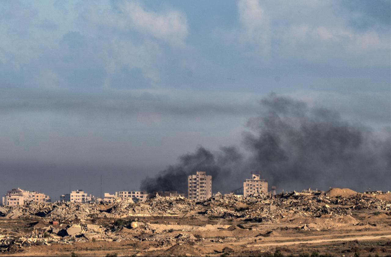 Smoke rises after Israeli airstrikes targeted residential areas in the Gaza Strip, as seen from Israel near the border, on October 07, 2025. (AA Photo)