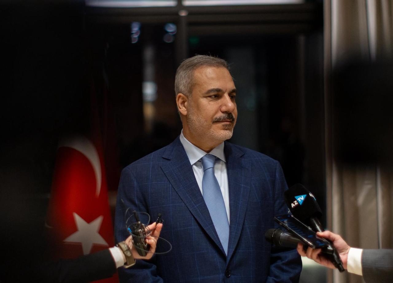 Foreign Minister Hakan Fidan addresses members of the Azerbaijani press in Gabala, Azerbaijan, on October 6, 2025. (AA Photo)