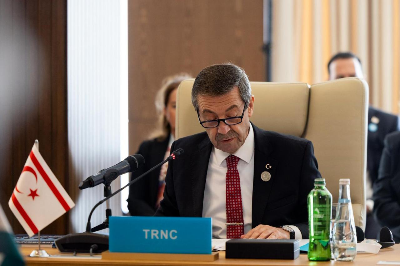 Turkish Cyprus Foreign Minister Tahsin Ertugruloglu speaks during the meeting of Council of Ministers of Foreign Affairs of Organization of Turkic States in Gabala, Azerbaijan, Oct. 7, 2025. (AA Photo)