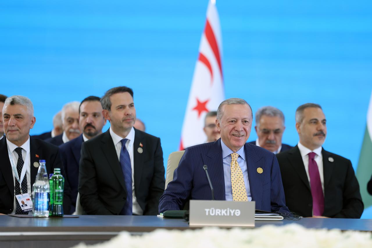 President Erdogan attends 12th Meeting of the Council of Heads of State of the Organization of Turkic States in Gabala, Azerbaijan, Oct. 7, 2025. (Photo via Turkish Presidency/Mustafa Kamaci)