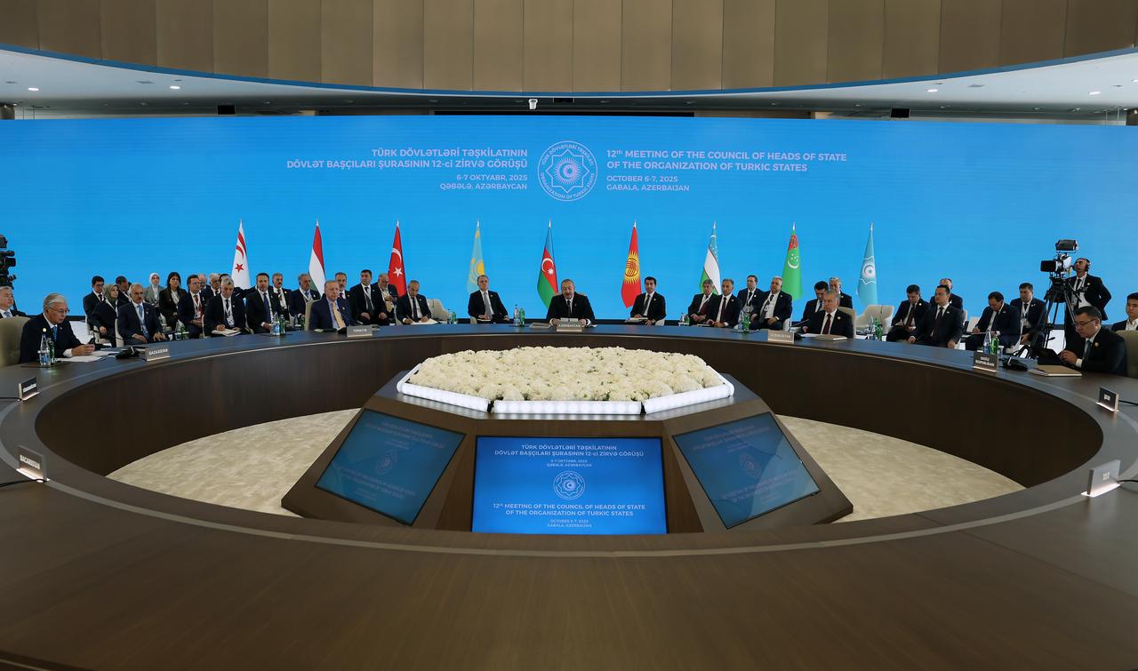 President Erdogan attends the 12th Meeting of the Council of Heads of State of the Organization of Turkic States in Gabala, Azerbaijan, Oct. 7, 2025. (Photo via Turkish Presidency / Mustafa Kamaci)