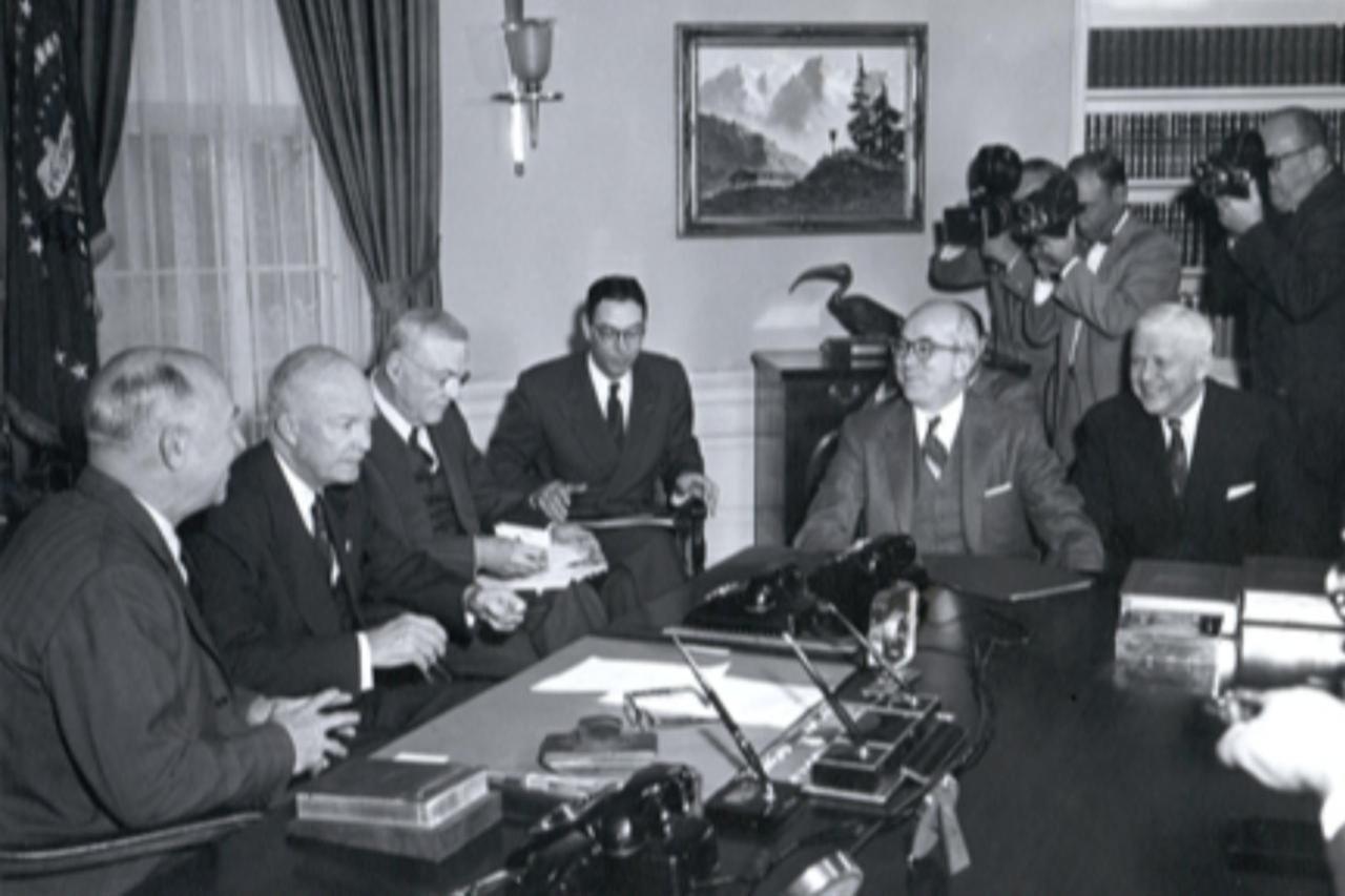 Dwight D. Eisenhower with five of his top advisers, discussing the Atoms for Peace program, January 13, 1956, USA. (Photo via Eisenhower Presidential Library)