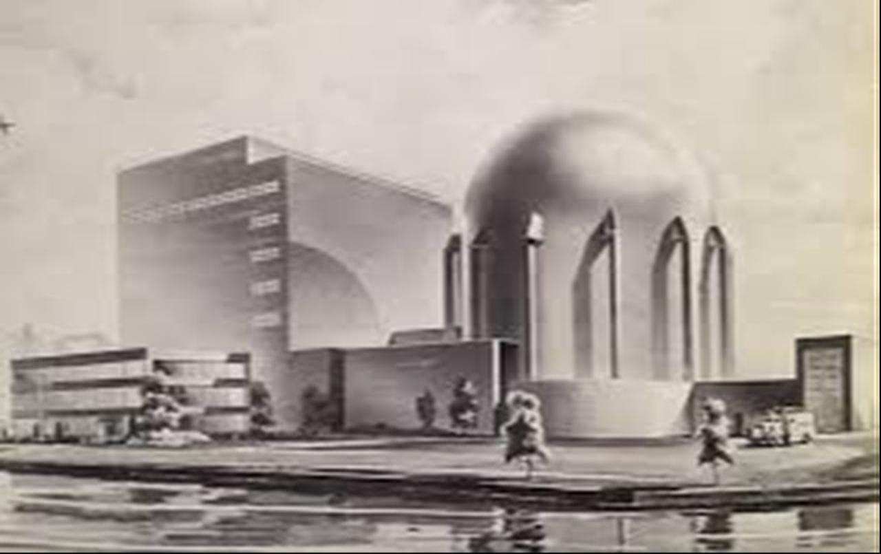A futuristic illustration from the 1955 Progress Report, envisioning the Enrico Fermi Atomic Power Plant, March 1956, US. (Photo via Atomic Power Development Associates)