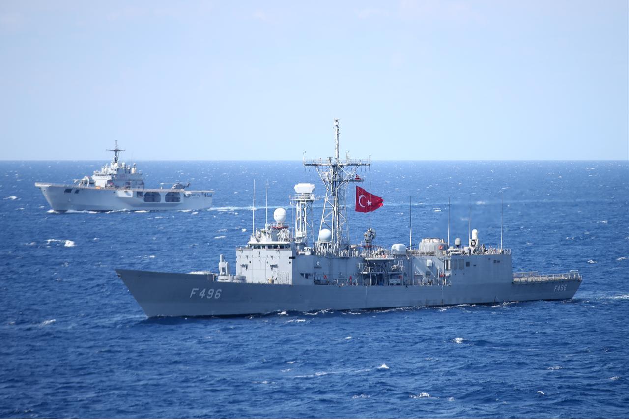 The TCG Gokova (front), one of the Gabya-class frigates within the Anatolia Task Group, during "Neptune Strike 25.3," off the southeastern coast of Italy, Sept. 24, 2025. (AA Photo)