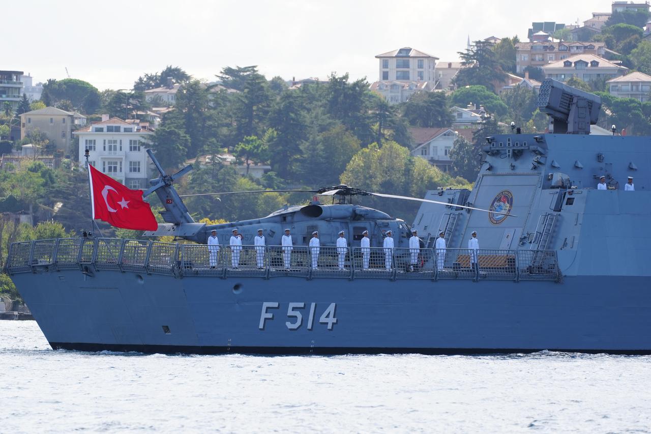 The TCG Kinaliada is featured during the naval parade held in Bosphorus as part of 487th anniversary of  Preveza Naval Victory and Turkish Naval Forces Day in Istanbul, Sept. 27, 2025. (AA Photo)