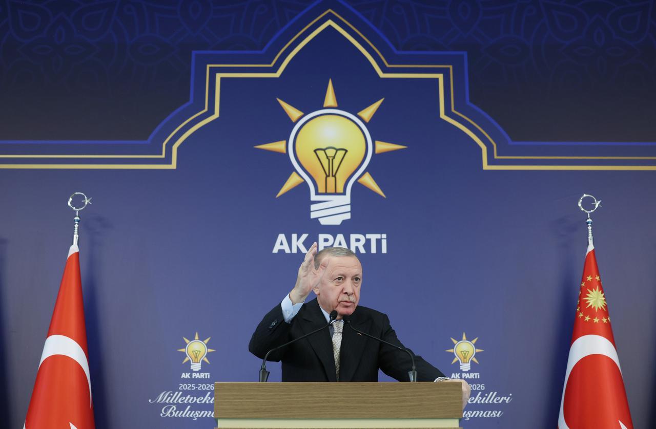 President and leader of the Justice and Development (AK) Party, Recep Tayyip Erdogan gives a speech at AK Party Headquarters during the group meeting in Ankara, Türkiye, Oct. 8, 2025. (Photo via Turkish Presidency/Murat Kula)