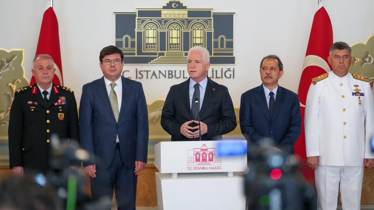 Davut Gul (C), the Istanbul governor, speaking at a monthly security data evaluation meeting at the governorate building in Fatih, Türkiye, October 8, 2025. (AA Photo)
