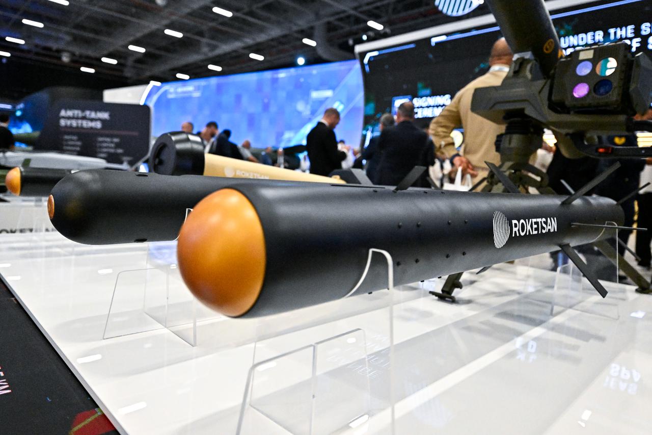 The Karaok missile, produced by Roketsan, is on display at the 17th International Defense Industry Fair (IDEF 2025) in Istanbul, Türkiye. (AA Photo)