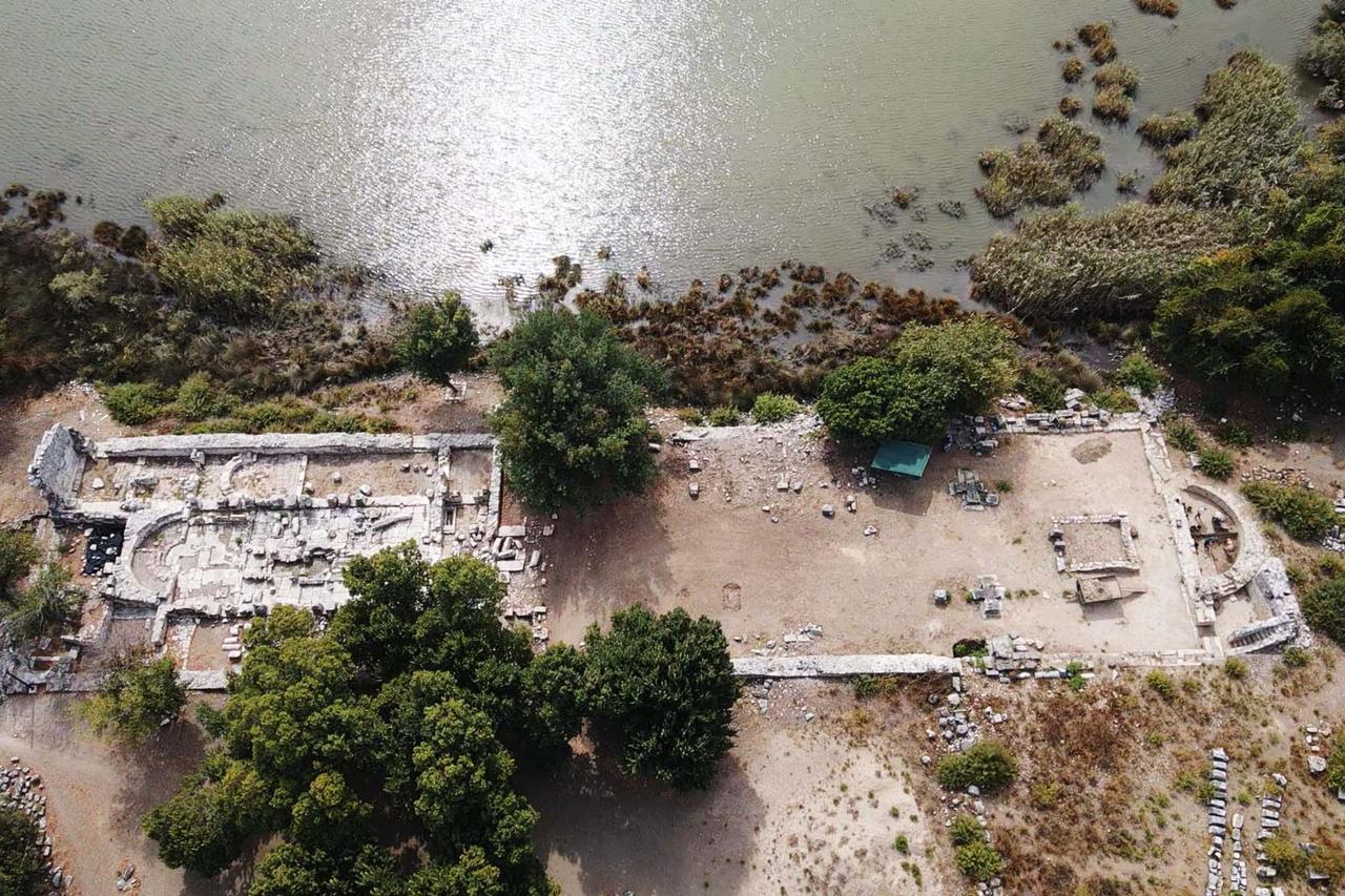 An aerial view shows an uncovered church at ancient city of Kaunos during excavations in Koycegiz district of Mugla, Türkiye, Oct. 5, 2025. (AA Photo)