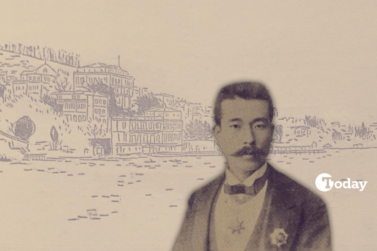 Portrait of Yamada Torajiro blended with his own 1911 illustration of Istanbul from “Toruko Gakan.” (Photo collage by Türkiye Today team)