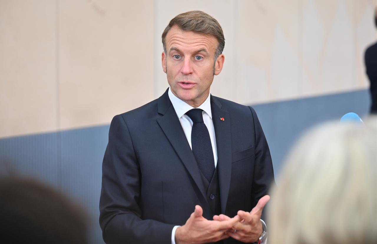 French President Emmanuel Macron, who attended the 7th summit of the European Political Community (EPC) in Copenhagen, makes a press statement, Oct. 2, 2025. (AA Photo)