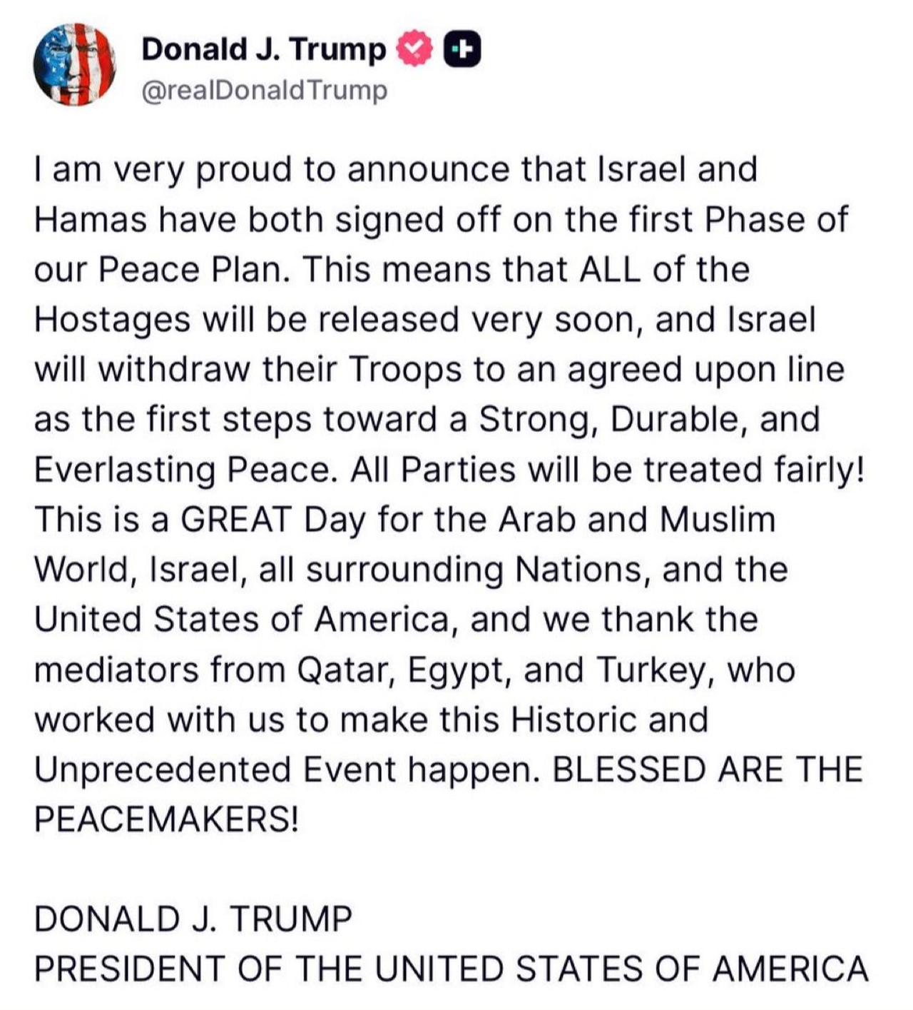 President Trump takes to Truth Social to announce the deal.