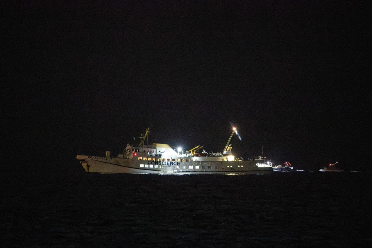 Turkish ship, one of the vessels in Global Sumud Flotilla, is brought to the naval base at Ashdod Port by the Israeli military, in Ashdod, Israel, Oct. 8, 2025. (AA Photo)