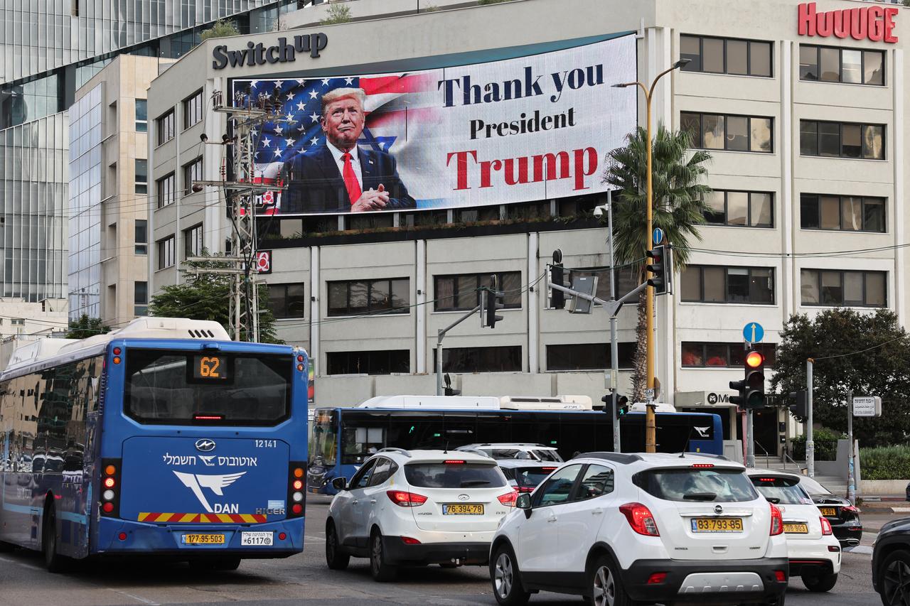 A billboard showing U.S. President Donald Trump with the message "Thank you President Trump" is displayed in Tel Aviv, Israel, October 9, 2025. (AFP Photo)
