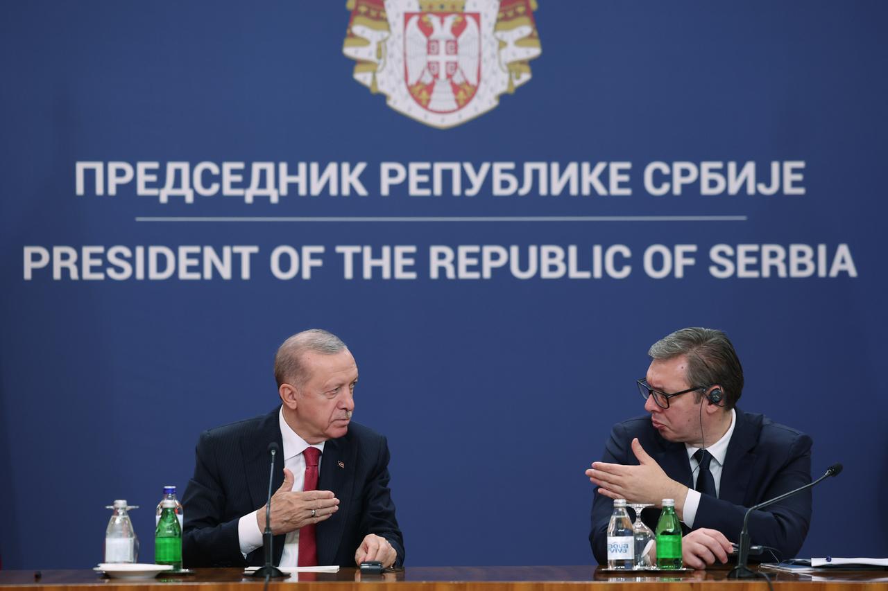 Serbian President Aleksandar Vucic and Turkish President Recep Tayyip Erdogan hold a joint press conference following their bilateral meeting in Belgrade, Serbia on Oct. 11, 2024. (Turkish Presidency / AA Photo)