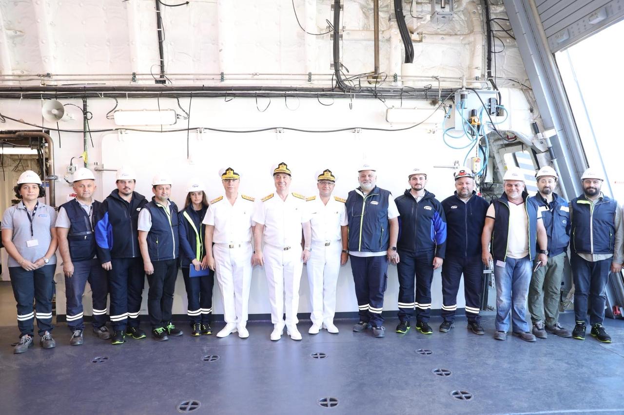 Turkish Naval Forces Commander Admiral Ercument Tatlioglu is visiting the TCG Kochisar, the second ship of Hisar-class Offshore Seas Patrol ships at Istanbul Naval Shipyard Command, Oct. 7, 2025. (Photo via Turkish MoD)