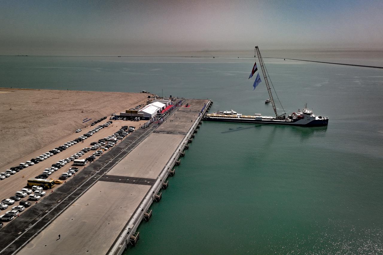 An aerial view of the Grand Faw Port as the Development Road Project, which starts at the Port, is under construction in Basra, Iraq, on October 7, 2025. (AA Photo)