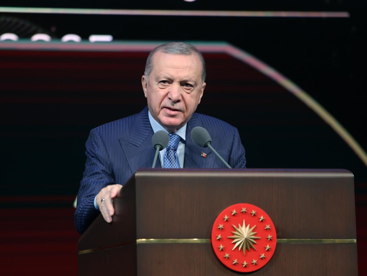 President Erdogan speaks at the 2025-2026 Higher Education Academic Year Opening Ceremony held at Bestepe National Congress and Culture Center, Oct. 9, 2025. (Photo via Turkish Presidency-Mustafa Kamaci)