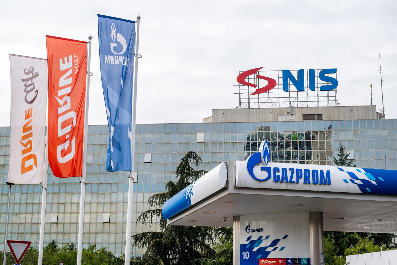 Photo shows the logos of the Petroleum Industry of Serbia (NIS) and Gazprom are pictured in Belgrade, Serbia on October 9, 2025. (AFP Photo)