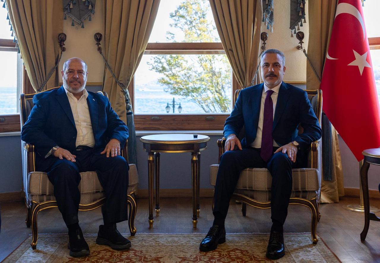 Turkish Foreign Minister Hakan Fidan (R) meets with members of the Hamas Political Bureau, regarding the status of the ceasefire in Gaza and the need for humanitarian aid, in Istanbul, Turkiye on Nov. 1, 2025. (AA Photo)