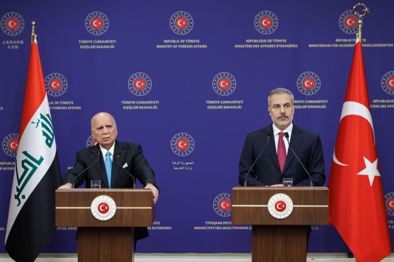 Foreign Minister Hakan Fidan and Iraqi Foreign Minister Fuad Hussein hold a joint press conference in Ankara, Tükiye on Oct. 10, 2025. (AA Photo)
