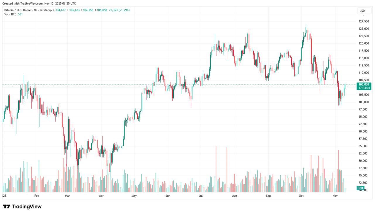 Candlestick chart illustrates Bitcoin prices from January 2025 to November 10, 2025. (Chart via TradingView)