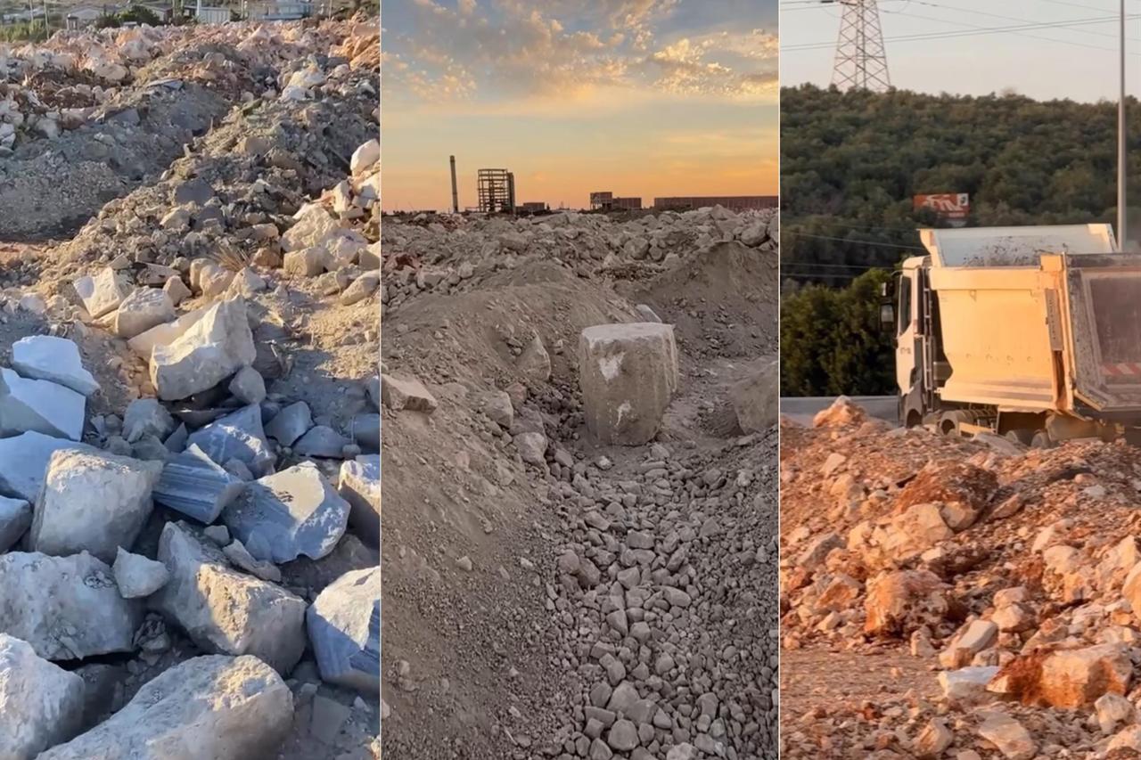 Broken column shafts and architectural stone fragments are seen dumped and scattered in the spoil area near the construction site in Silifke’s archaeological zone, Mersin, Türkiye. (Photo via Instagram/@silifkehaberajansi)