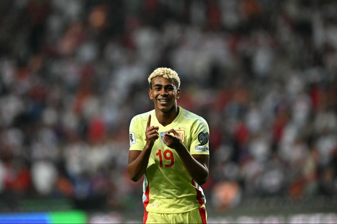 Spain's forward #19 Lamine Yamal celebrates after Spain score their fourth goal during the FIFA World Cup 2026 Group E qualification football match between Türkiye and Spain, Konya, Türkiye, September 7, 2025. (AFP Photo)