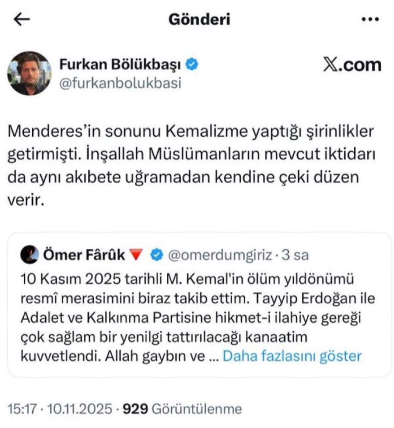 This screen grab shows Bolukbasi’s deleted post in Turkish on the social media platform X, accessed Nov. 11, 2025. (Photo via T24.com)