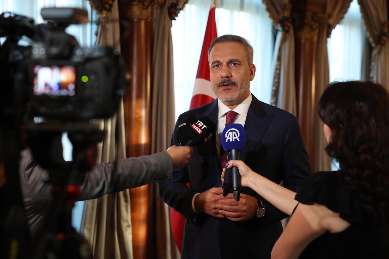 Turkish Foreign Minister Hakan Fidan speaks to the press regarding his meetings in Washington, United States on November 10, 2025. (Turkish Foreign Ministry HO / AA Photo)