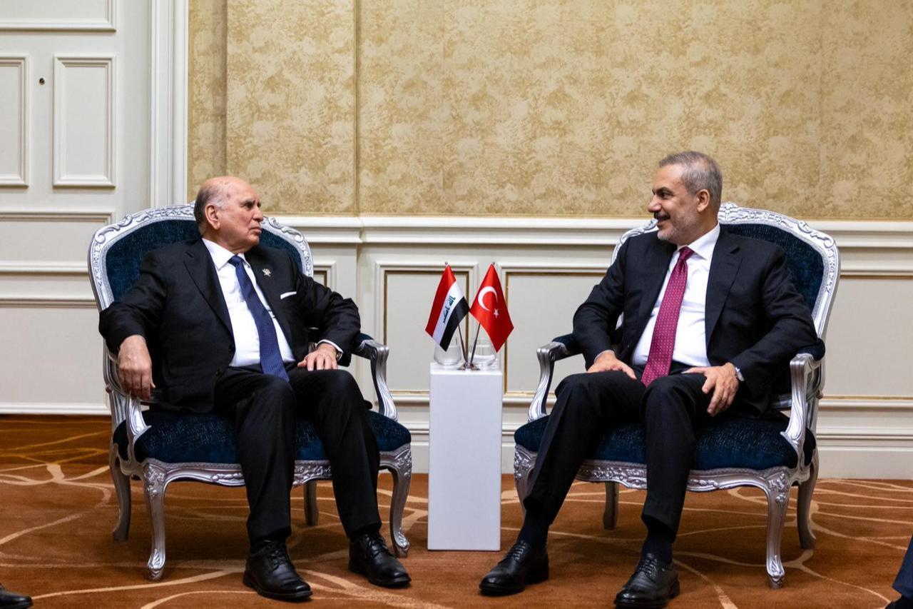 Turkish Foreign Minister Hakan Fidan meets with Iraqi Minister of Foreign AffairsFuad Hussein within the Foreign Ministers Meeting of the Organization of Islamic Cooperation-Arab League Joint Extraordinary Summit held in Doha, Qatar, on Sept. 14, 2025. (AA Photo)