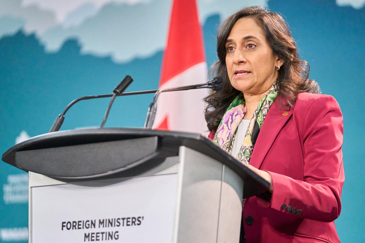 Canadian Foreign Minister Anita Anand speaks to the media during the G7 foreign ministers meeting in Niagara-on-the-Lake, Ontario, on Nov. 11, 2025. (Photo by Geoff Robins / AFP)