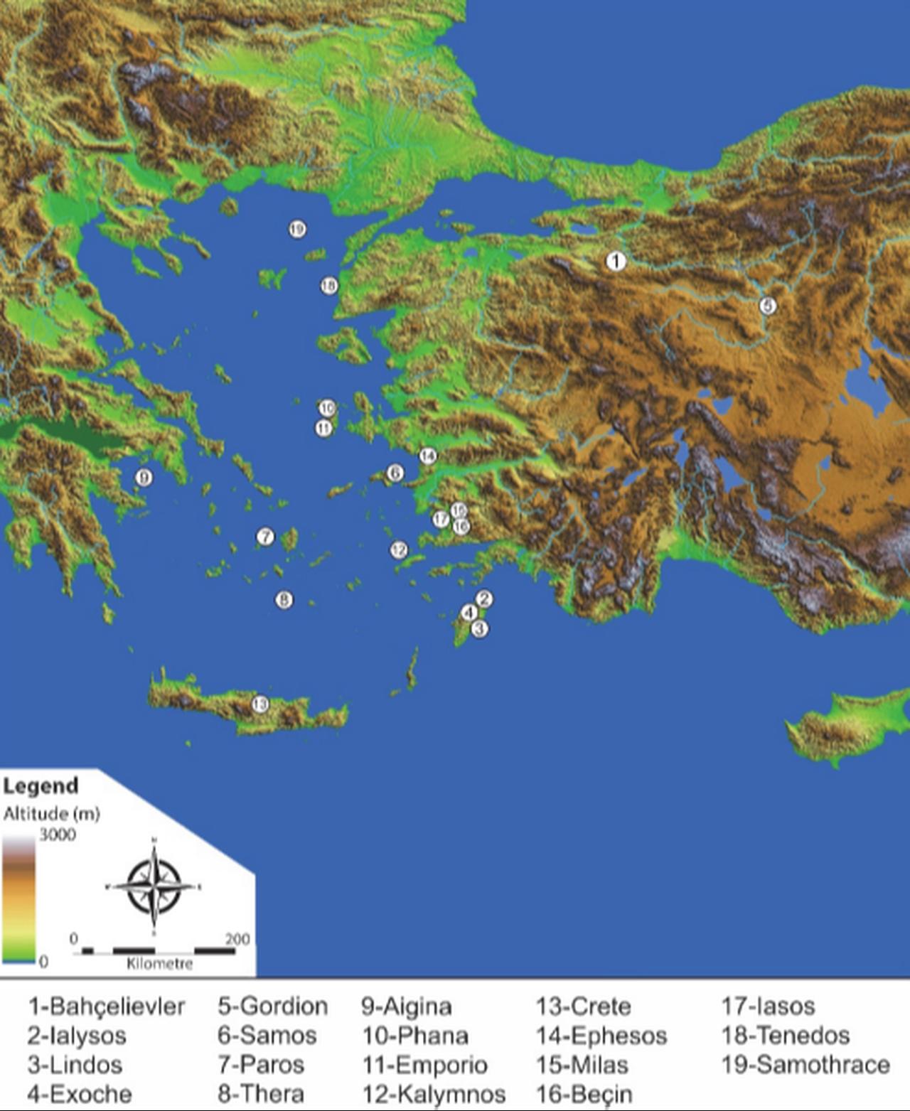 Distribution map of Rhodian-type fibulae across the Aegean and Western Anatolia, highlighting Bahcelievler as the northernmost inland example. (Photo via Bahcelievler Excavations/Study published in Gephyra Journal)